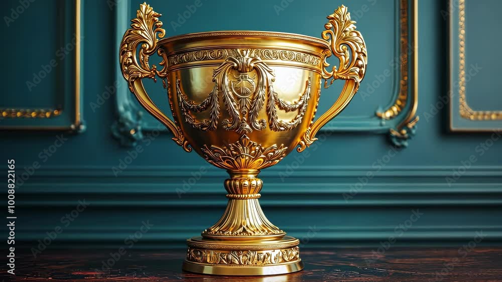 Shimmering golden trophy elegantly positioned on a table Shimmering golden trophy elegantly positioned on a table