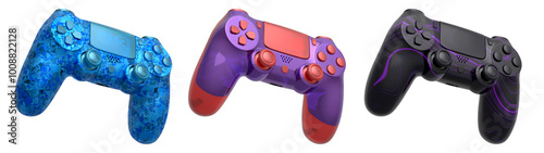 Collection of gaming controllers with different colors and designs for gaming enthusiasts isolated on white background with clipping path