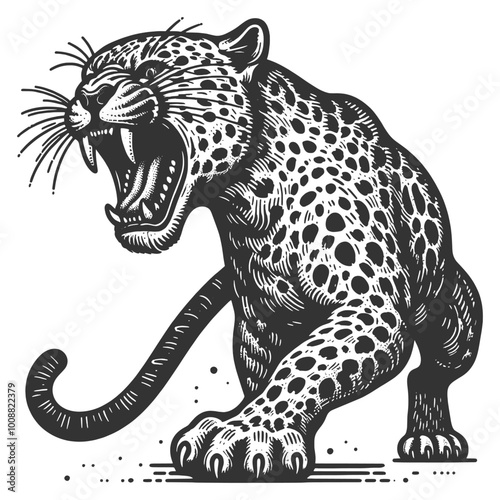 leaping leopard, roaring with fierce expression and sharp teeth. Tattoo design symbolizing power and aggression sketch engraving generative ai vector illustration. Black and white image.