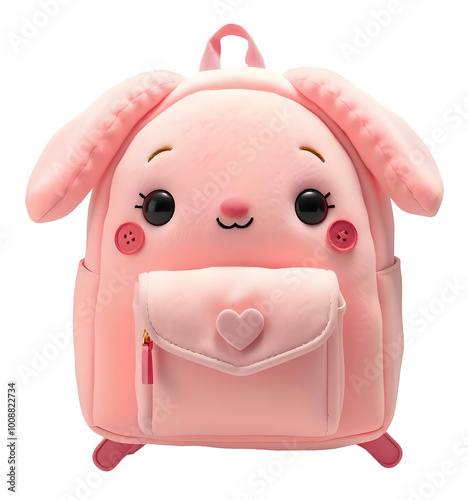 Adorable pink plush bunny backpack with floppy ears, large eyes, and a front zipper pocket, perfect for kids. cute backpack png
