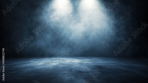 A dark room with a concrete floor and a single spotlight shining through smoky surroundings creating a mysterious atmosphere