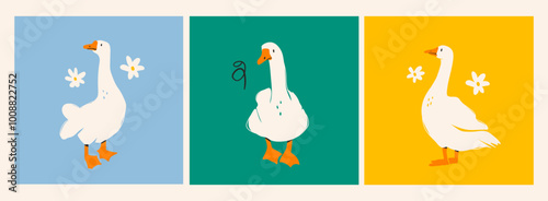 White geese or ducks and camomile flowers. Abstract, quirky, cartoon modern style. Hand drawn trendy Vector illustration. Isolated design elements