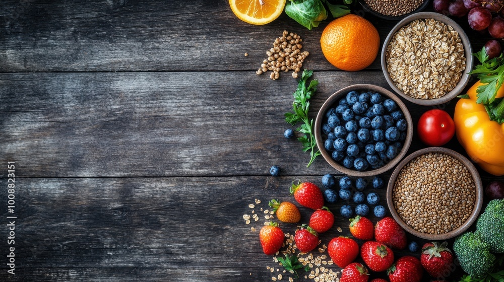 Healthy background showcasing a mix of whole grains, fresh fruits, and vegetables on a rustic wooden table, highlighting nutritious food choices. Healthy background showcasing a mix of whole grains, fresh fruits, and vegetables on a rustic wooden table, highlighting nutritious food choices.