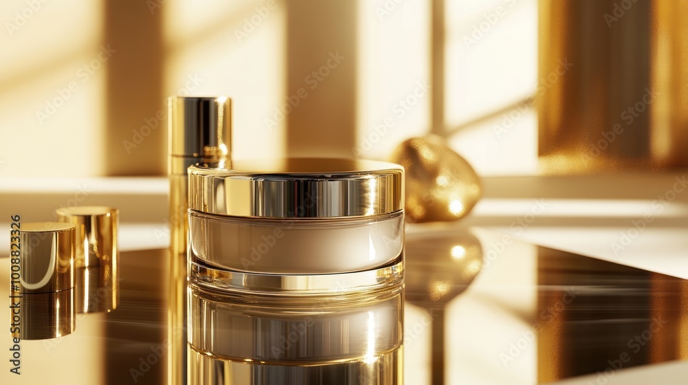 Elegant skincare product photo with gold accents and reflective surfaces, emphasizing luxury and sophistication in the presentation. Elegant skincare product photo with gold accents and reflective surfaces, emphasizing luxury and sophistication in the presentation.