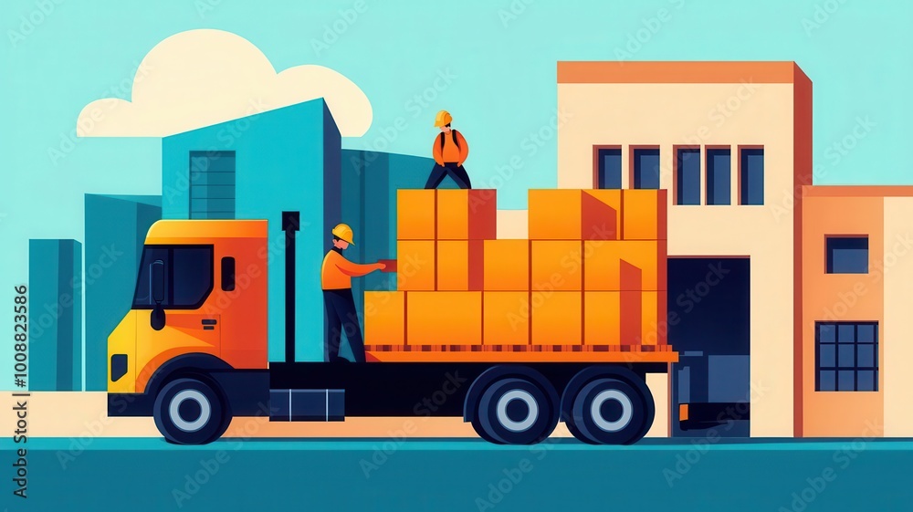Springtime logistics warehouse with clear skies, workers loading trucks, and a vibrant atmosphere of productivity in the midday sun, illustrate Springtime logistics warehouse with clear skies, workers loading trucks, and a vibrant atmosphere of productivity in the midday sun, illustrate