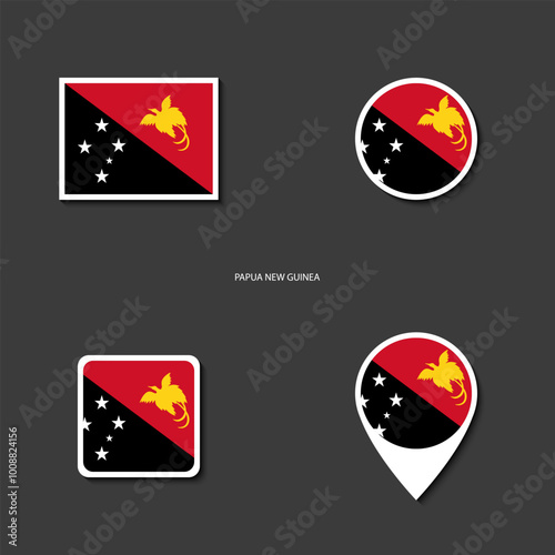 Papua new guinea flag icon set in different shape (rectangle, circle, square and marker icon) on dark grey background. Papua new guinea sticker icon collection on barely dark background.	 photo