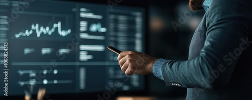 A business leader presenting a longterm strategy to the board, with a projector displaying key growth metrics, captured from a lowangle to emphasize authority and strategic vision