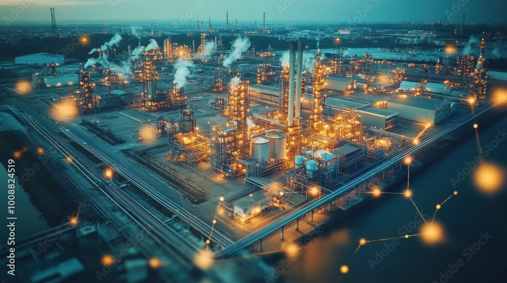 custom made wallpaper toronto digitalIndustrial zone from a drone's perspective, with overlaid communication network concept, representing the integration of technology and industry.