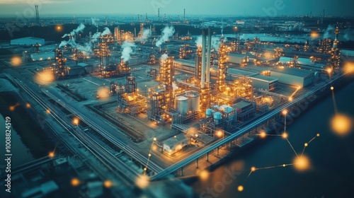 Wallpaper Mural Industrial zone from a drone's perspective, with overlaid communication network concept, representing the integration of technology and industry. Torontodigital.ca