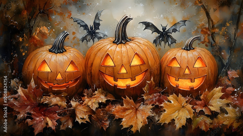 Playful pumpkins with glowing faces in a pile of autumn leaves, watercolor background creating a fun Halloween scene Playful pumpkins with glowing faces in a pile of autumn leaves, watercolor background creating a fun Halloween scene