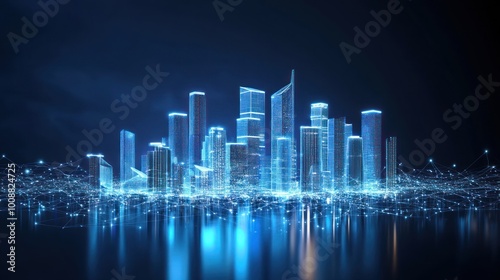 Futurist urban skyline, holographic architectural schematic, symbolizing digital twin technology