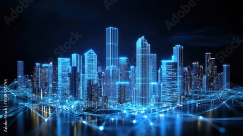 Futurist urban skyline, holographic architectural schematic, symbolizing digital twin technology