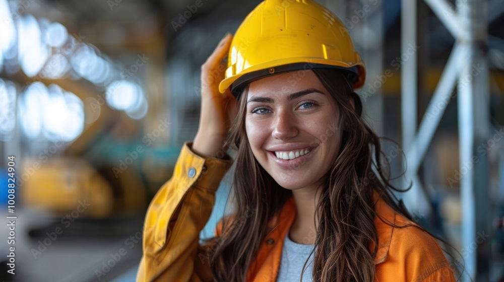 Smiling construction worker at a site wearing a helmet