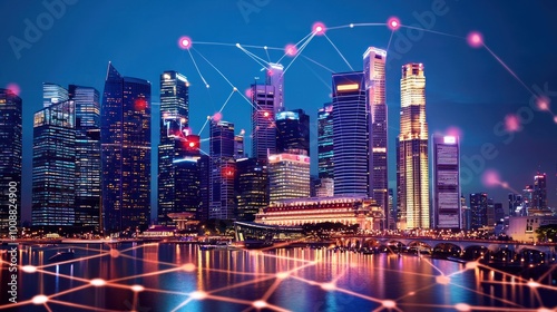 https://s.mj.run/4T4s-dN70NI blockchain technology symbols, representing the pilot project for government grant payouts in Singapore.