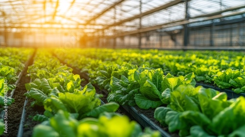 A large modern Greenhosue with rows of healthy green vegetables, eco-friendly sunny exposure, plants, professional photography photo