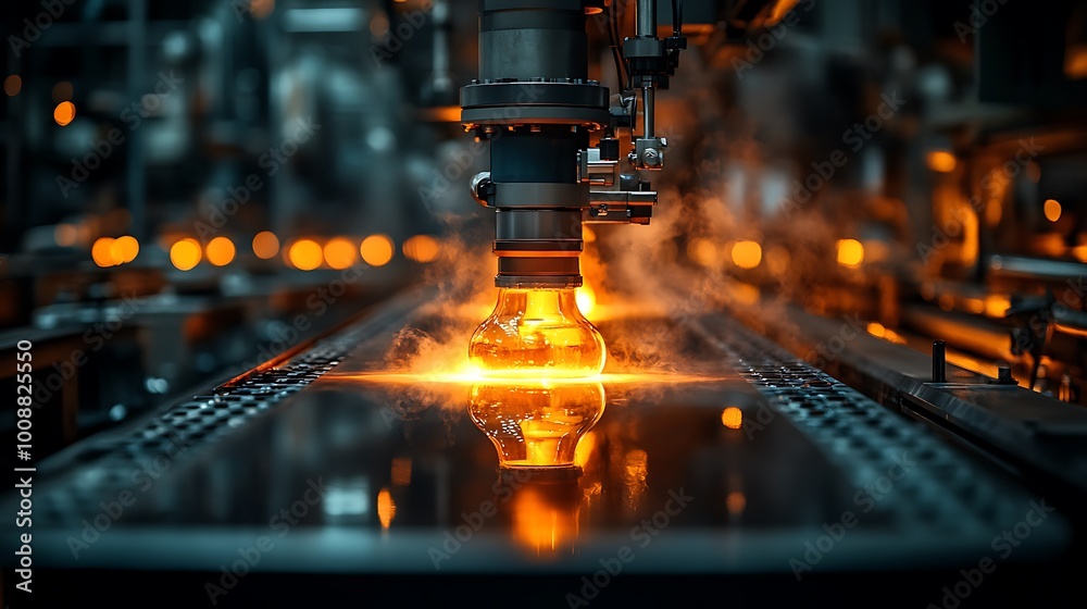 Automated Glass-Blowing Production Line Shaping Molten Glass with Glowing Hues Automated Glass-Blowing Production Line Shaping Molten Glass with Glowing Hues