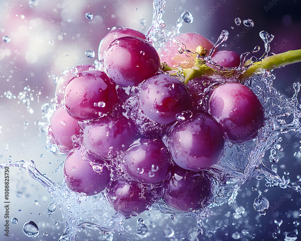 Juicy purple grapes. Grape juice splash. Ripe grapes in water splash creative vector illustration. Juicy fruits and juice. Water drops. AI Generative Juicy purple grapes. Grape juice splash. Ripe grapes in water splash creative vector illustration. Juicy fruits and juice. Water drops. AI Generative