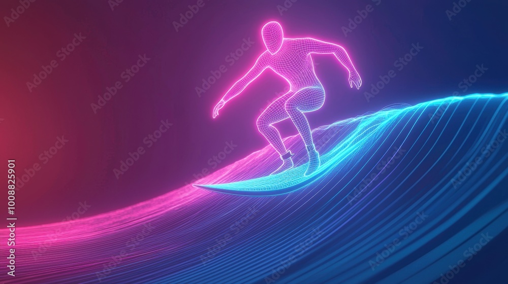 Neon wireframe surfer riding a digital wave Neon wireframe surfer riding a digital wave