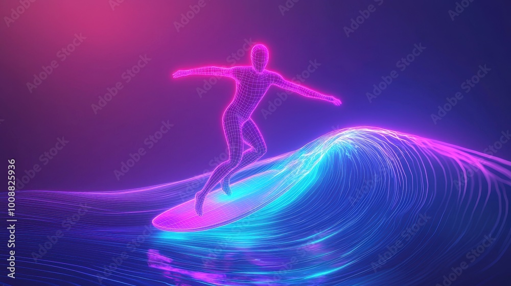 Neon wireframe surfer riding a vibrant wave Neon wireframe surfer riding a vibrant wave