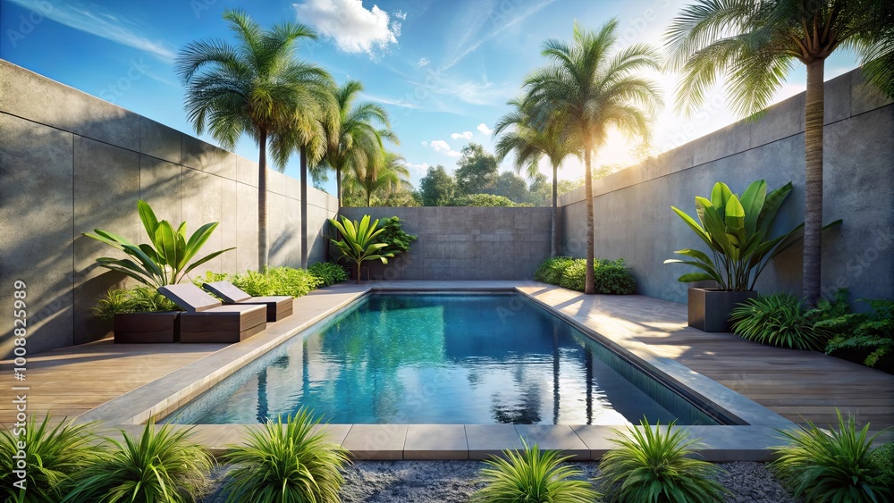 Fototapeta premium A Serene Oasis A rectangular swimming pool surrounded by lush greenery, palm trees, and sleek gray walls, creating a tranquil retreat.