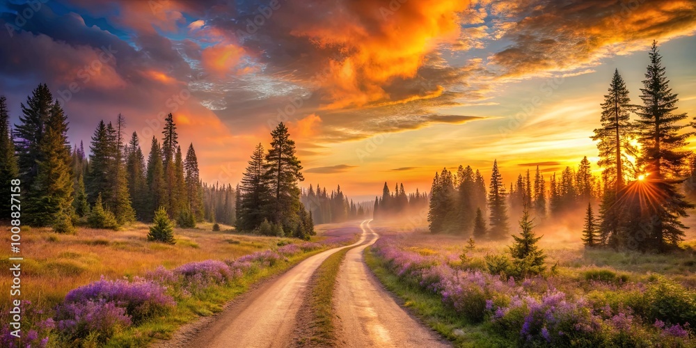 Obraz premium Serene Forest Path at Sunrise, Golden Light Bathes the Landscape, Mist Rises from the Meadows, Trees Stand Tall Against the Sky, Purple Wildflowers Bloom Along the Way