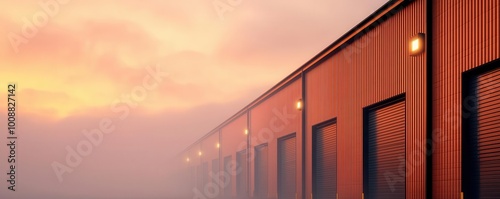 Wallpaper Mural Early morning fog over a logistics warehouse in winter, with the building s lights piercing through the mist and workers beginning their shifts Torontodigital.ca