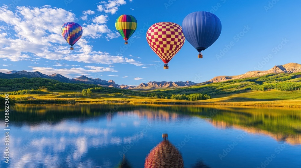 Fototapeta premium A group of hot air balloons are flying over a lake