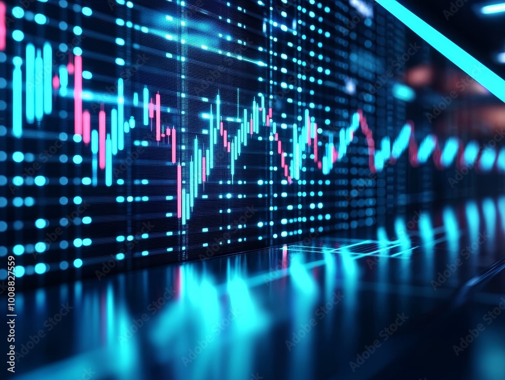 Close-up of digital financial chart with glowing data on a dark background.