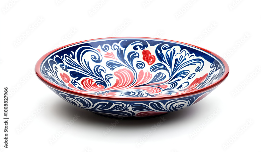 A decorative bowl featuring intricate red, blue, and white designs, showcasing a blend of vibrant colors and patterns.
A decorative bowl featuring intricate red, blue, and white designs, showcasing a blend of vibrant colors and patterns.