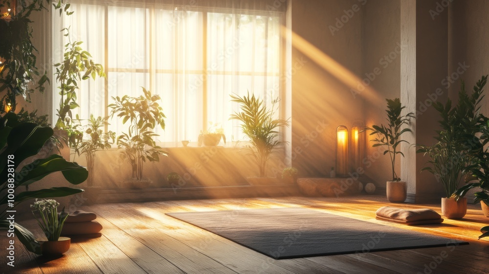 Fototapeta premium Tranquil Yoga Studio with Soft Lighting and Plants