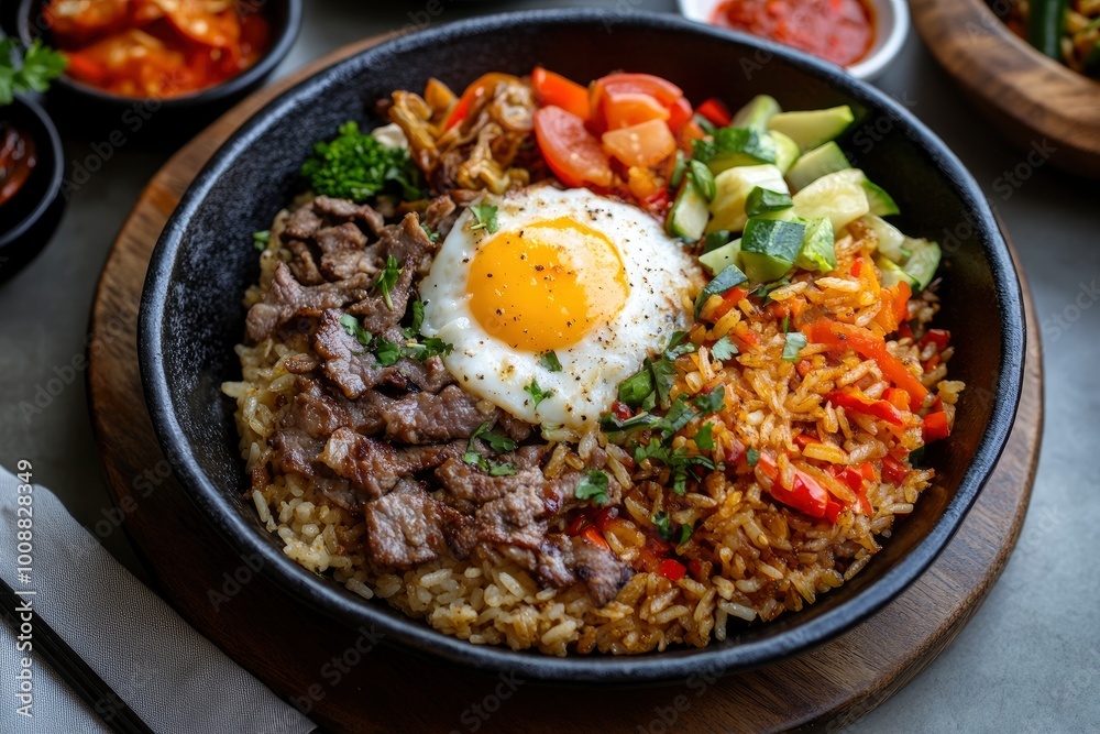 Nasi goreng is a Southeast Asian fried rice dish, usually cooked with pieces of meat and vegetables. Nasi goreng has long been considered an important staple of Indonesian cuisine - generative ai Nasi goreng is a Southeast Asian fried rice dish, usually cooked with pieces of meat and vegetables. Nasi goreng has long been considered an important staple of Indonesian cuisine - generative ai