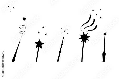 Set of Magic wands with sparkle stars, fairy-tale wand, wizard line art vector logo. Magic stick vector outline icon. 