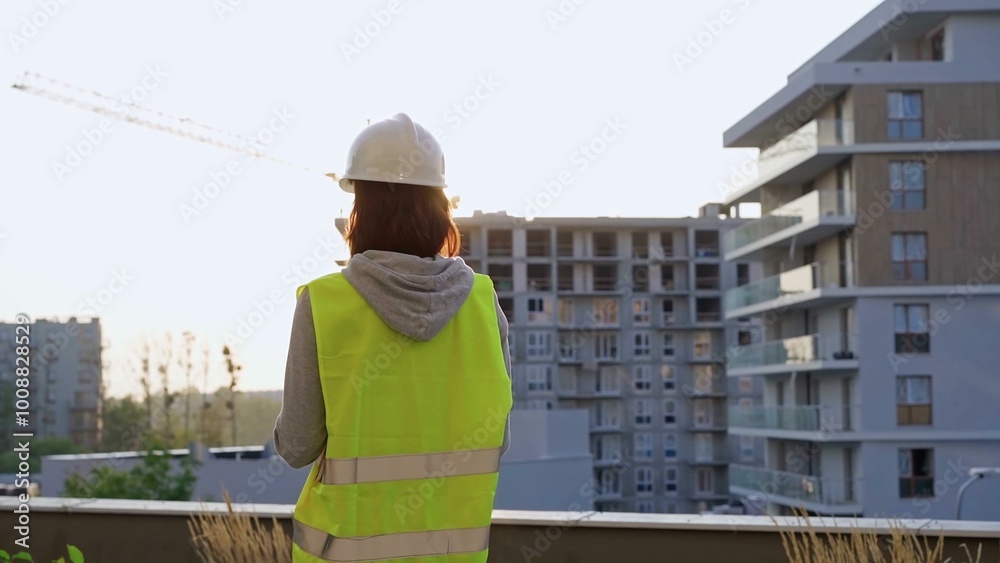 Construction female engineer taking notes and writing on clipboard while inspecting a building site at sunset Construction female engineer taking notes and writing on clipboard while inspecting a building site at sunset