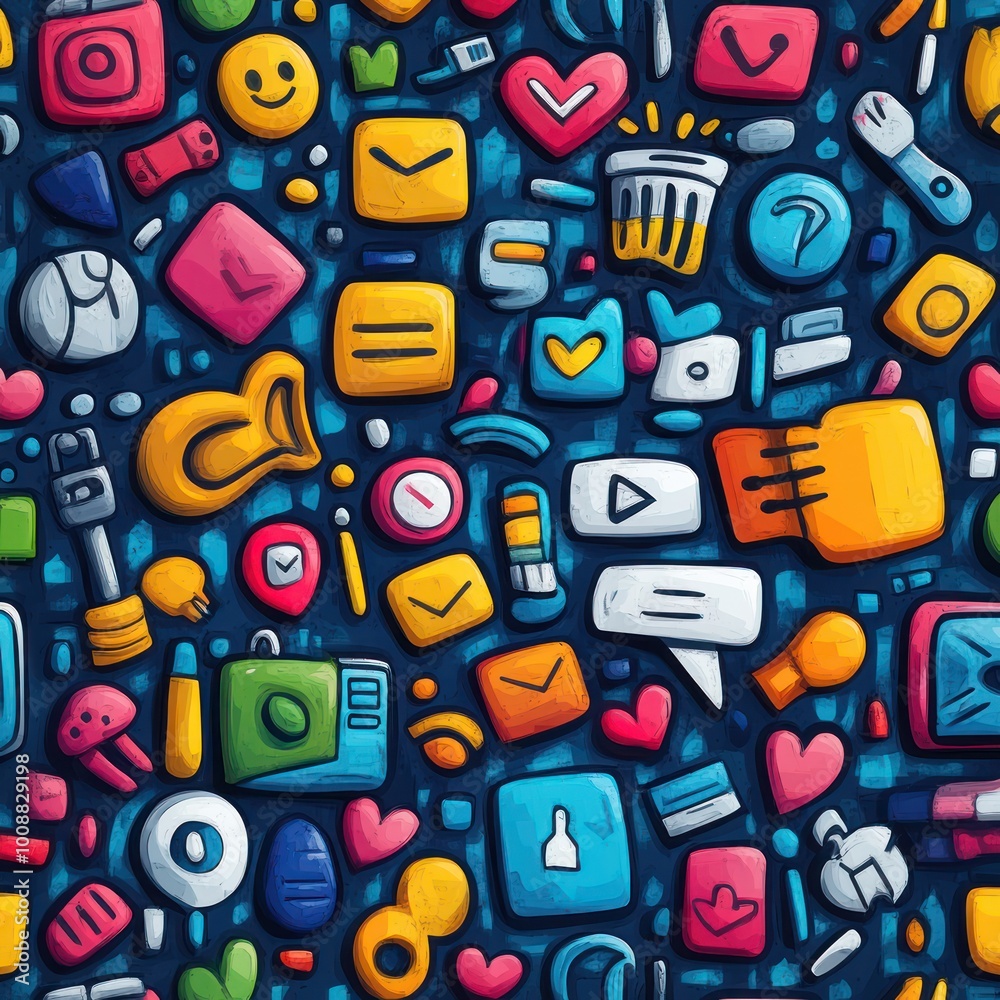 Colorful doodle pattern with various social media icons, technol