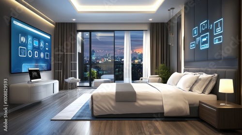 Elegant hotel room equipped with a smart home technology interface allowing personalization and control over room settings through advanced technology
