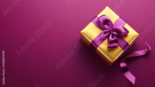 Glamorous Golden Gift Box with Purple Bow on Fuchsia Background