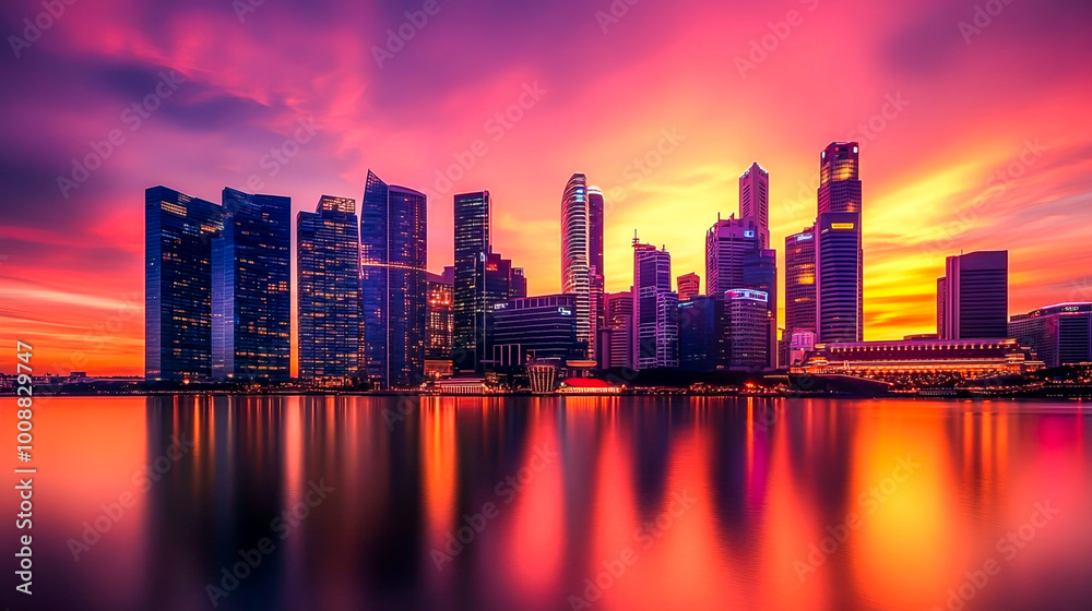Fototapeta premium Stunning Sunset Over City Skyline Reflection