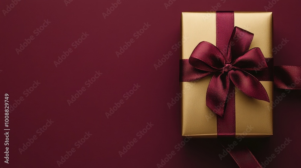Elegant Gold Gift Box with Burgundy Ribbon on Maroon Background Elegant Gold Gift Box with Burgundy Ribbon on Maroon Background