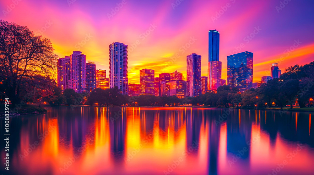 Fototapeta premium Vibrant City Sunset Reflection Over Water