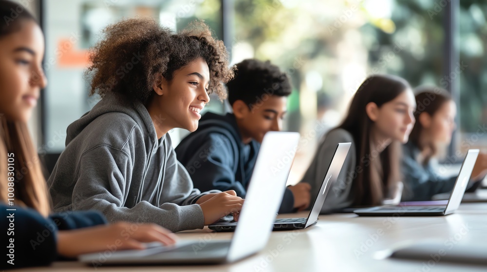 A group of students study together at a cafe. A group of students study together at a cafe.