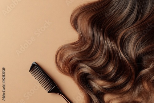 Tools for hairstyling featuring scissors and a comb on a neutral background