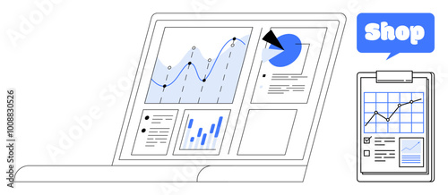 Laptop screen with various business graphs and charts. Ideal for data analysis, e-commerce, business strategy, market research, retail management. Light blue and black colors used. Simple vector