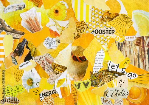 yellow, white summer inspiration collage mood board of waste paper results in modern art