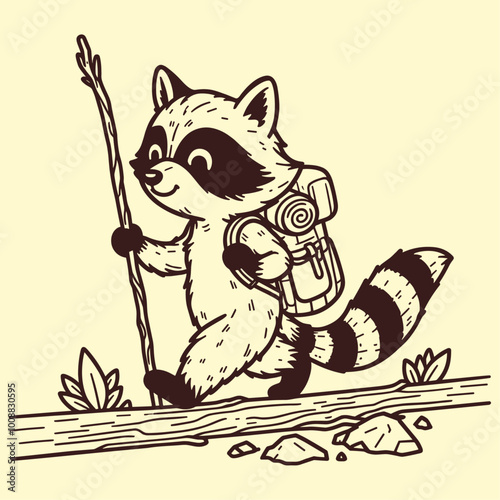 traveling raccoon with a backpack and a wooden stick, hiking vintage sketch