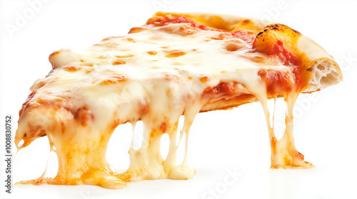 A hot pizza slice with dripping melted cheese. Isolated on white background