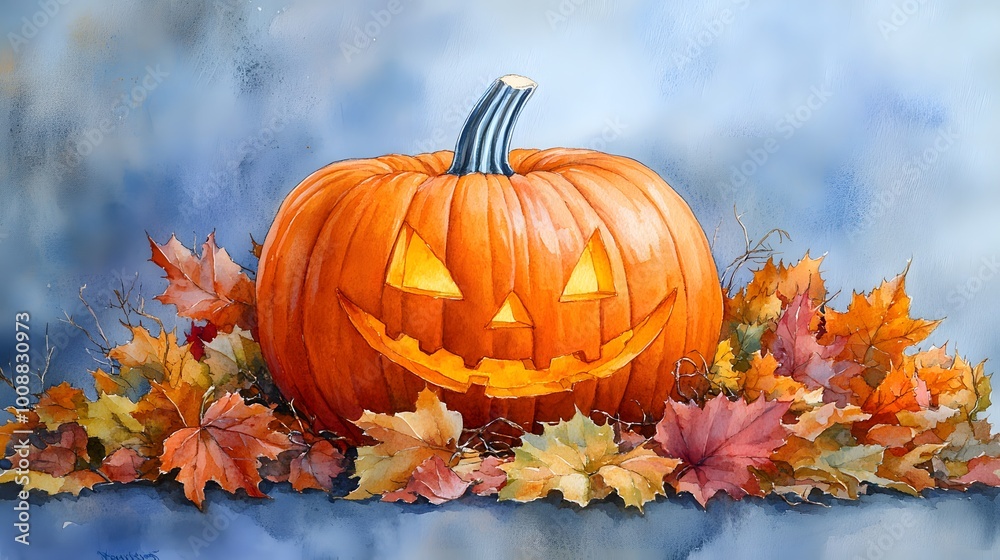 Happy jack-o-lantern glowing among fall leaves, watercolor background setting the scene for Halloween fun Happy jack-o-lantern glowing among fall leaves, watercolor background setting the scene for Halloween fun