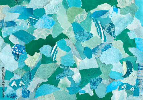 Turquoise mint green aqua blue collage mood board of waste paper results in modern art