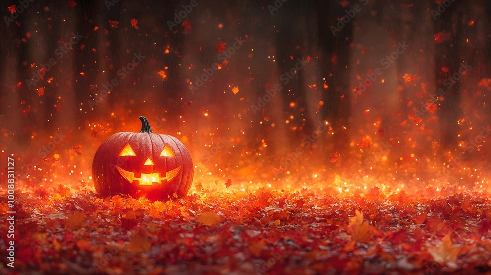 Naklejka premium Glowing jack-o-lantern smiling among fall leaves, watercolor-style background creating a fun and playful Halloween mood