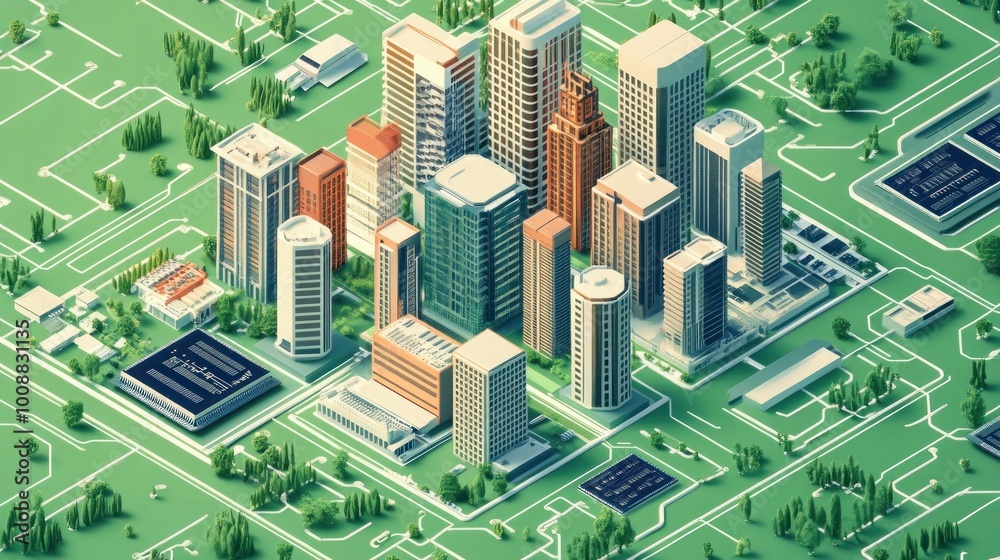 Isometric view of a smart city with microchips and electronic patterns illustrating smart city management using IoT technologies Isometric view of a smart city with microchips and electronic patterns illustrating smart city management using IoT technologies