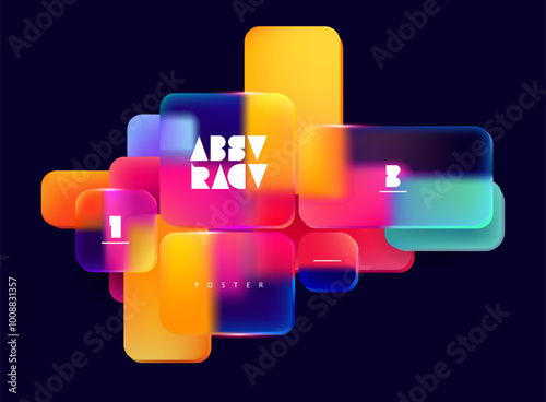 3D color squares and rectangles in glass morphism style. Transparent frame for text with geometric shapes.